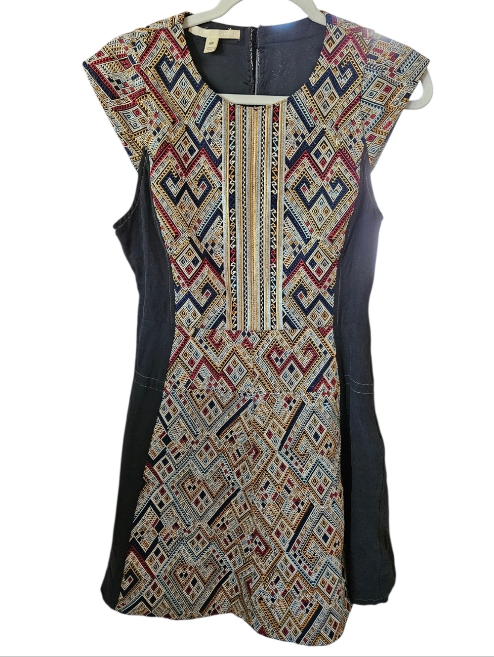 Burning Torch Silk Linen Embroidered Boho Dress | Artisan Tribal Print | Petite - Picture 3 of 7
